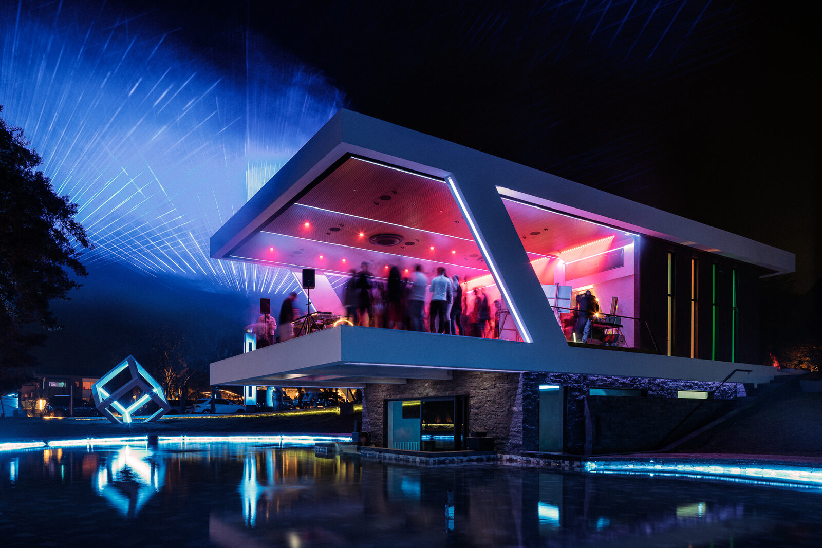 The pavilion in full color at night