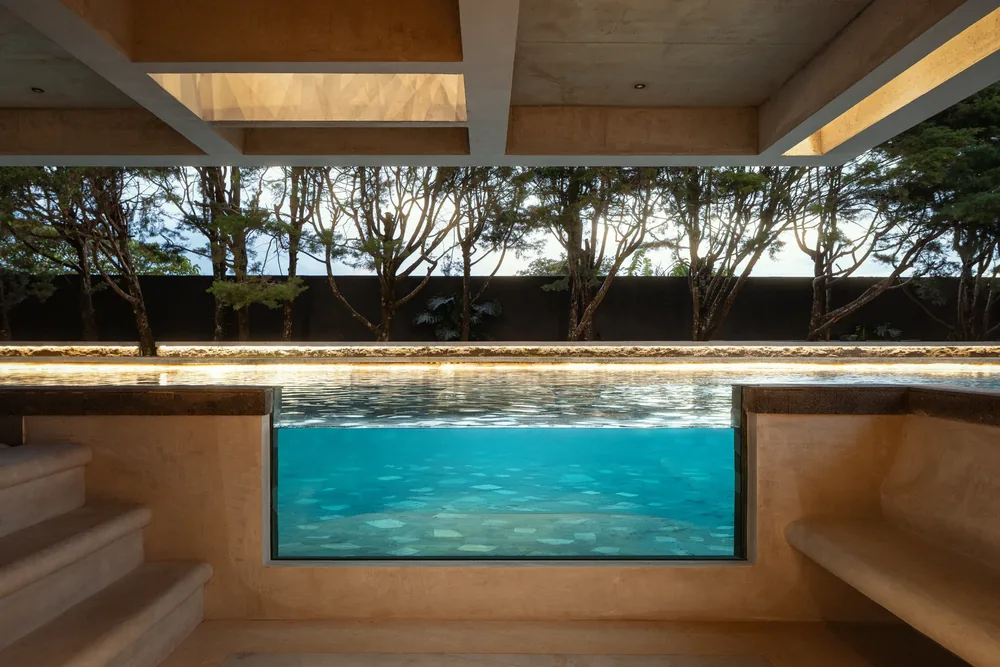 Architectural water feature at Nebulae lit from within at night, framed by tropical planting