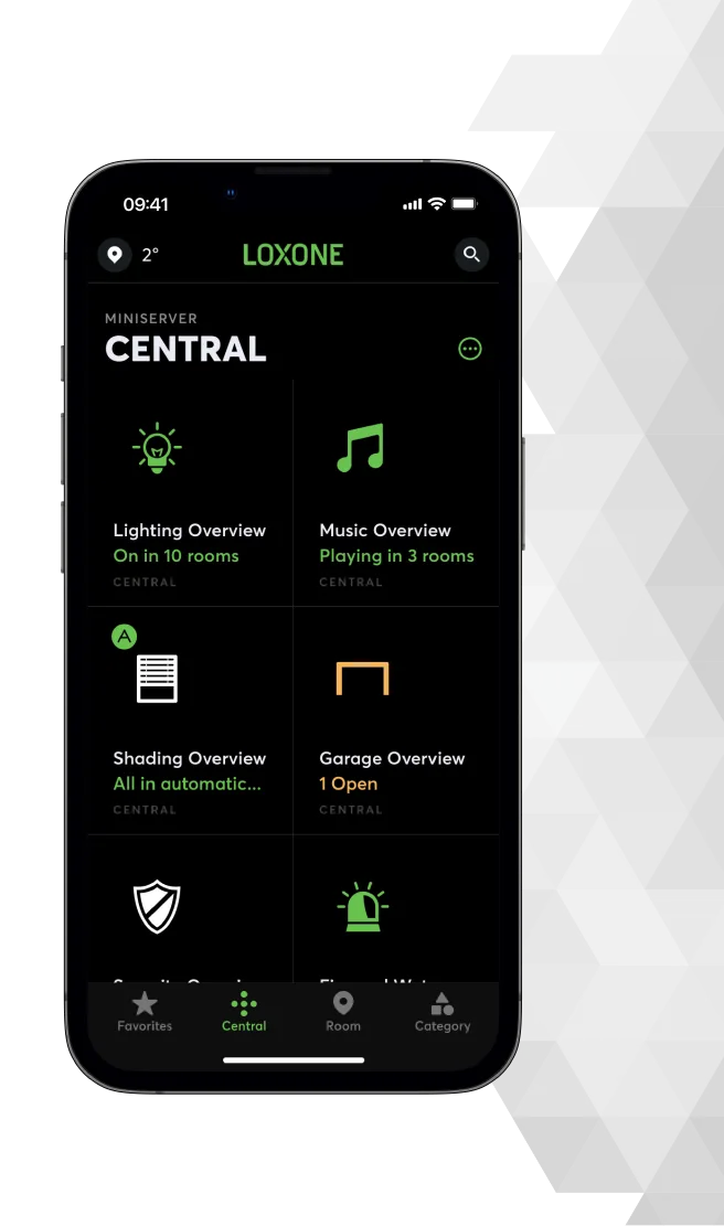 Loxone app central overview showing lighting, music, shading, garage and security status