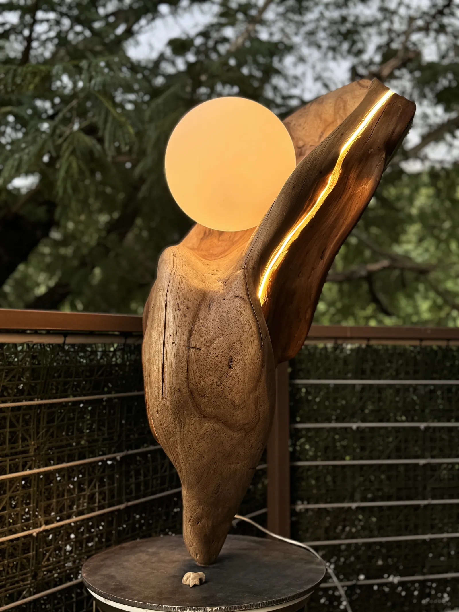Brisa with her sphere and the warm seam of light following the crack in the wood