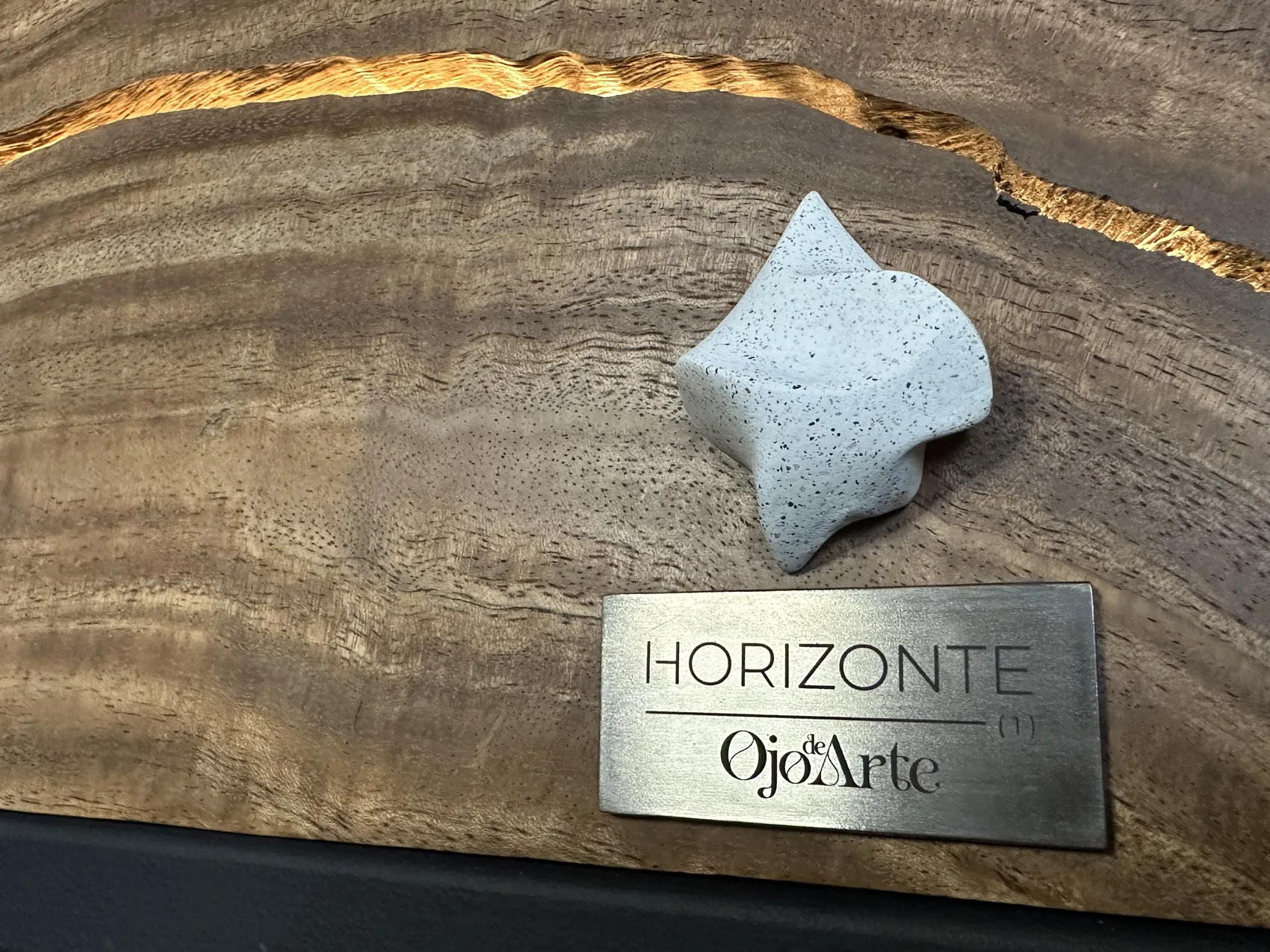 Close-up of Horizonte's surface with the Ojo de Arte seal and engraved name plate